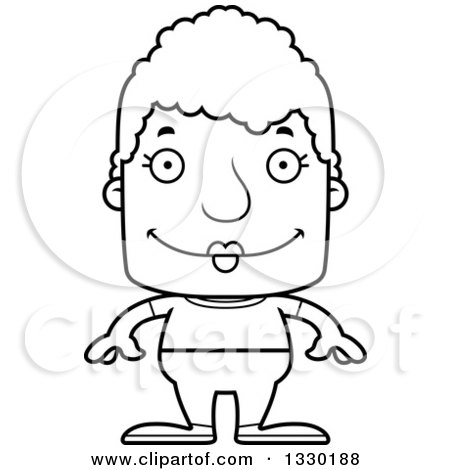 Lineart Clipart of a Cartoon Black and White Happy Block Headed White Casual Senior Woman - Royalty Free Outline Vector Illustration by Cory Thoman