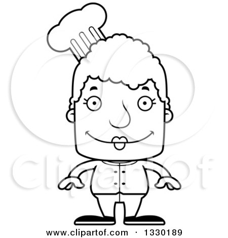 Lineart Clipart of a Cartoon Black and White Happy Block Headed White Senior Woman Chef - Royalty Free Outline Vector Illustration by Cory Thoman