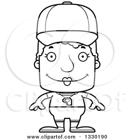Lineart Clipart of a Cartoon Black and White Happy Block Headed White Senior Woman Sports Coach - Royalty Free Outline Vector Illustration by Cory Thoman