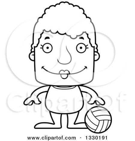 Lineart Clipart of a Cartoon Black and White Happy Block Headed White Senior Woman Beach Volleyball Player - Royalty Free Outline Vector Illustration by Cory Thoman
