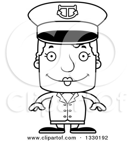 Lineart Clipart of a Cartoon Black and White Happy Block Headed White Senior Woman Boat Captain - Royalty Free Outline Vector Illustration by Cory Thoman