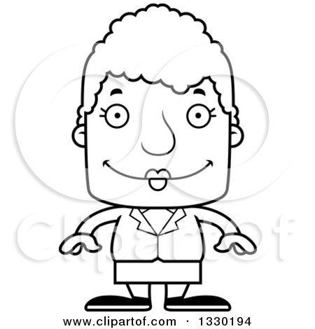 Lineart Clipart of a Cartoon Black and White Happy Block Headed White Senior Business Woman - Royalty Free Outline Vector Illustration by Cory Thoman