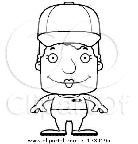 Lineart Clipart of a Cartoon Black and White Happy Block Headed White Senior Woman Baseball Player - Royalty Free Outline Vector Illustration by Cory Thoman