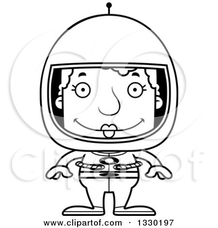 Lineart Clipart of a Cartoon Black and White Happy Block Headed White Senior Woman Astronaut - Royalty Free Outline Vector Illustration by Cory Thoman