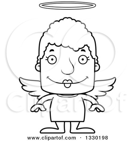 Lineart Clipart of a Cartoon Black and White Happy Block Headed White Senior Woman Angel - Royalty Free Outline Vector Illustration by Cory Thoman