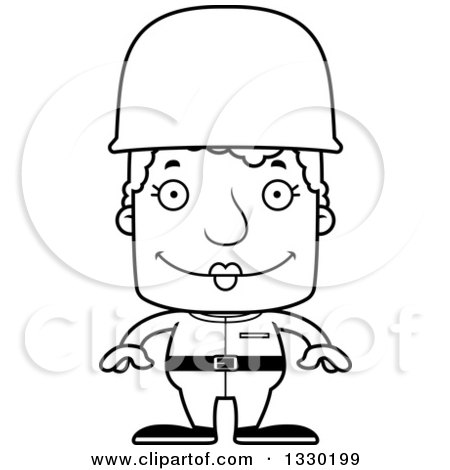 Lineart Clipart of a Cartoon Black and White Happy Block Headed White Senior Woman Soldier - Royalty Free Outline Vector Illustration by Cory Thoman