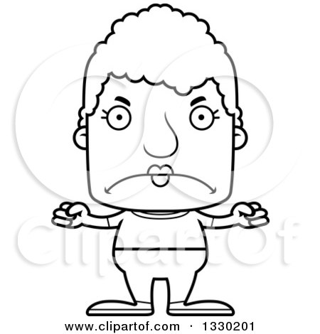Lineart Clipart of a Cartoon Black and White Mad Block Headed White Casual Senior Woman - Royalty Free Outline Vector Illustration by Cory Thoman