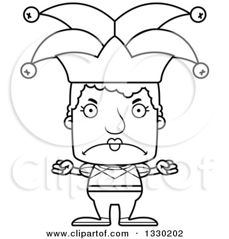 Lineart Clipart of a Cartoon Black and White Mad Block Headed White Senior Woman Jester - Royalty Free Outline Vector Illustration by Cory Thoman