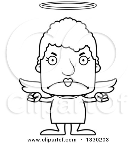 Lineart Clipart of a Cartoon Black and White Mad Block Headed White Senior Woman Angel - Royalty Free Outline Vector Illustration by Cory Thoman