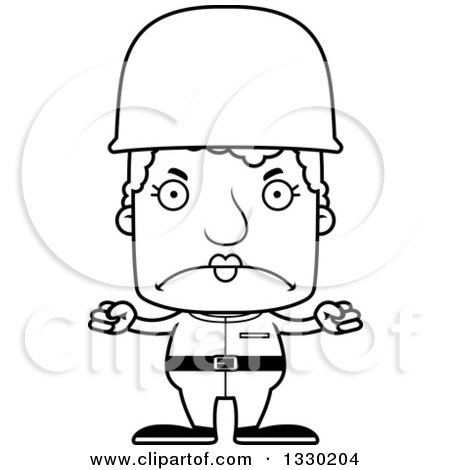 Lineart Clipart of a Cartoon Black and White Mad Block Headed White Senior Woman Soldier - Royalty Free Outline Vector Illustration by Cory Thoman