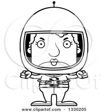 Lineart Clipart of a Cartoon Black and White Mad Block Headed White Senior Woman Astronaut - Royalty Free Outline Vector Illustration by Cory Thoman