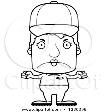 Lineart Clipart of a Cartoon Black and White Mad Block Headed White Senior Woman Baseball Player - Royalty Free Outline Vector Illustration by Cory Thoman