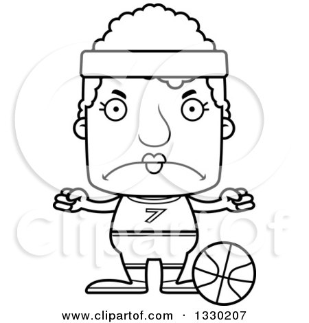 Lineart Clipart of a Cartoon Black and White Mad Block Headed White Senior Woman Basketball Player - Royalty Free Outline Vector Illustration by Cory Thoman