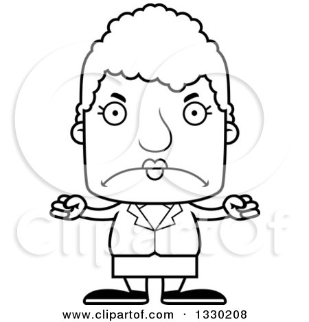 Lineart Clipart of a Cartoon Black and White Mad Block Headed White Senior Business Woman - Royalty Free Outline Vector Illustration by Cory Thoman