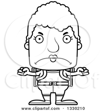 Lineart Clipart of a Cartoon Black and White Mad Block Headed White Senior Woman Hiker - Royalty Free Outline Vector Illustration by Cory Thoman