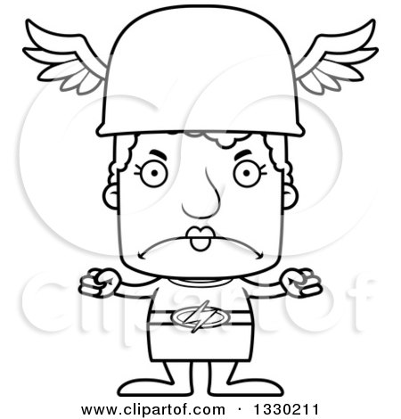 Lineart Clipart of a Cartoon Black and White Mad Block Headed White Senior Woman Hermes - Royalty Free Outline Vector Illustration by Cory Thoman