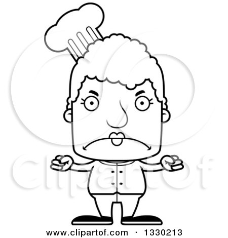 Lineart Clipart of a Cartoon Black and White Mad Block Headed White Senior Woman Chef - Royalty Free Outline Vector Illustration by Cory Thoman