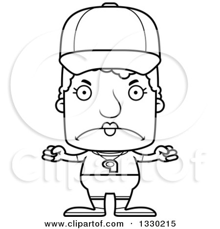 Lineart Clipart of a Cartoon Black and White Mad Block Headed White Senior Woman Sports Coach - Royalty Free Outline Vector Illustration by Cory Thoman