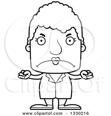 Lineart Clipart of a Cartoon Black and White Mad Block Headed White Senior Woman Doctor - Royalty Free Outline Vector Illustration by Cory Thoman