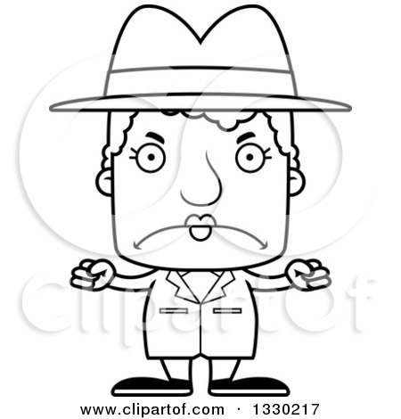 Lineart Clipart of a Cartoon Black and White Mad Block Headed White Senior Woman Detective - Royalty Free Outline Vector Illustration by Cory Thoman