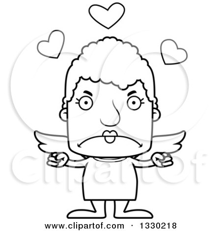 Lineart Clipart of a Cartoon Black and White Mad Block Headed White Senior Woman Cupid - Royalty Free Outline Vector Illustration by Cory Thoman