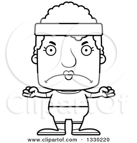 Lineart Clipart of a Cartoon Black and White Mad Block Headed Fit White Senior Woman - Royalty Free Outline Vector Illustration by Cory Thoman