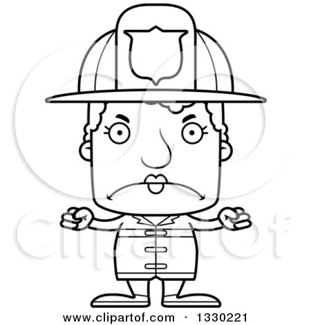 Lineart Clipart of a Cartoon Black and White Mad Block Headed White Senior Woman Firefighter - Royalty Free Outline Vector Illustration by Cory Thoman