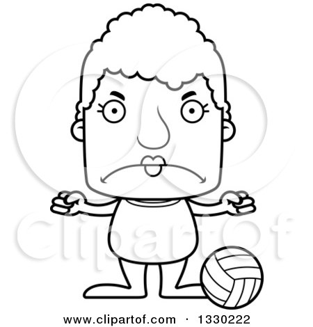 Lineart Clipart of a Cartoon Black and White Mad Block Headed White Senior Woman Beach Volleyball Player - Royalty Free Outline Vector Illustration by Cory Thoman
