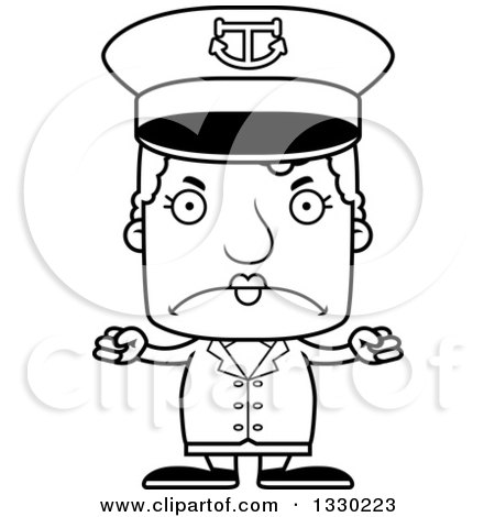 Lineart Clipart of a Cartoon Black and White Mad Block Headed White Senior Woman Boat Captain - Royalty Free Outline Vector Illustration by Cory Thoman