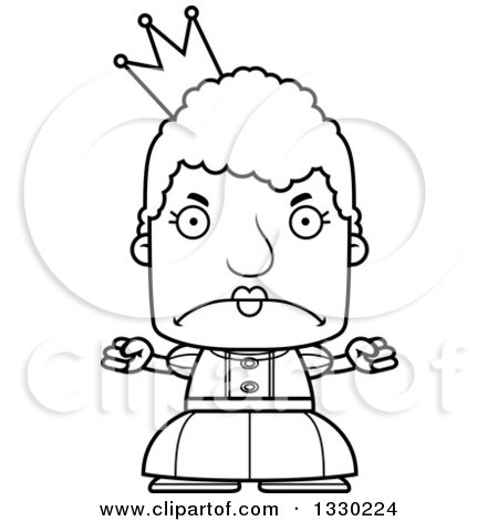 Lineart Clipart of a Cartoon Black and White Mad Block Headed White Senior Woman Princess or Queen - Royalty Free Outline Vector Illustration by Cory Thoman