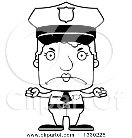 Lineart Clipart of a Cartoon Black and White Mad Block Headed White Senior Woman Police Officer - Royalty Free Outline Vector Illustration by Cory Thoman