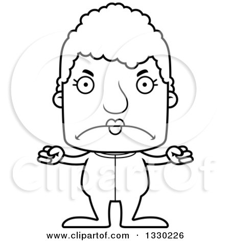 Lineart Clipart of a Cartoon Black and White Mad Block Headed White Senior Woman in Pjs - Royalty Free Outline Vector Illustration by Cory Thoman