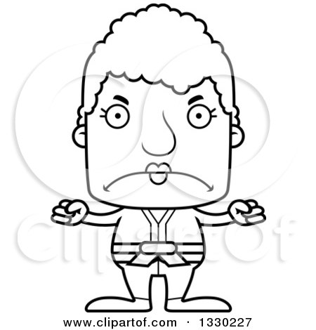 Lineart Clipart of a Cartoon Black and White Mad Block Headed White Senior Karate Woman - Royalty Free Outline Vector Illustration by Cory Thoman