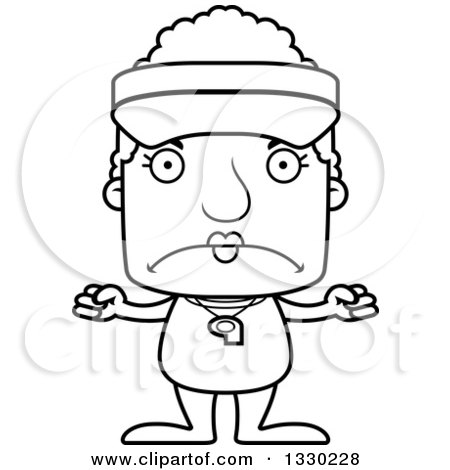 Lineart Clipart of a Cartoon Black and White Mad Block Headed White Senior Woman Lifeguard - Royalty Free Outline Vector Illustration by Cory Thoman