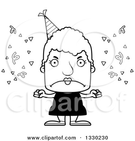 Lineart Clipart of a Cartoon Black and White Mad Block Headed White Party Senior Woman - Royalty Free Outline Vector Illustration by Cory Thoman