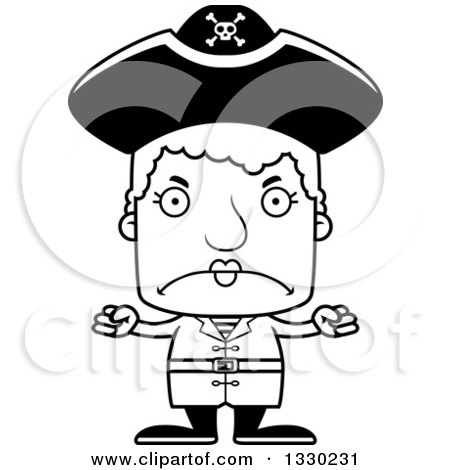 Lineart Clipart of a Cartoon Black and White Mad Block Headed White Pirate Senior Woman - Royalty Free Outline Vector Illustration by Cory Thoman