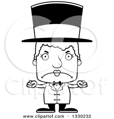 Lineart Clipart of a Cartoon Black and White Mad Block Headed White Senior Woman Circus Ringmaster - Royalty Free Outline Vector Illustration by Cory Thoman