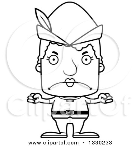 Lineart Clipart of a Cartoon Black and White Mad Block Headed White Robin Hood Senior Woman - Royalty Free Outline Vector Illustration by Cory Thoman