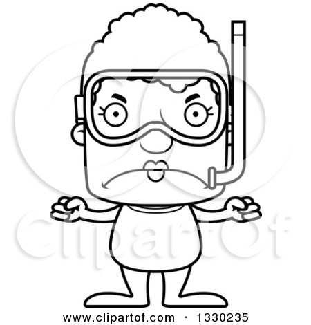 Lineart Clipart of a Cartoon Black and White Mad Block Headed White Senior Woman in Snorkel Gear - Royalty Free Outline Vector Illustration by Cory Thoman