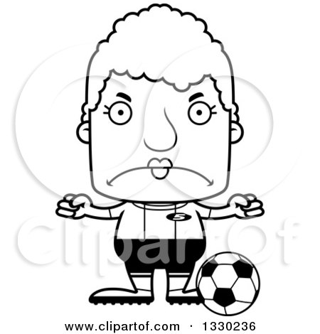 Lineart Clipart of a Cartoon Black and White Mad Block Headed White Senior Woman Soccer Player - Royalty Free Outline Vector Illustration by Cory Thoman