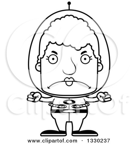 Lineart Clipart of a Cartoon Black and White Mad Block Headed Futuristic Space White Senior Woman - Royalty Free Outline Vector Illustration by Cory Thoman