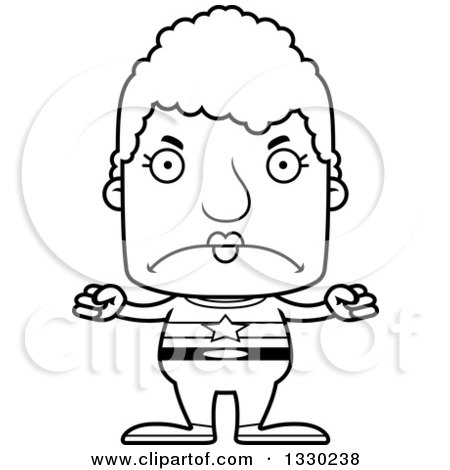 Lineart Clipart of a Cartoon Black and White Mad Block Headed White Super Senior Woman - Royalty Free Outline Vector Illustration by Cory Thoman