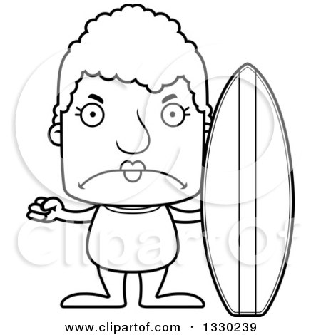 Lineart Clipart of a Cartoon Black and White Mad Block Headed White Senior Woman Surfer - Royalty Free Outline Vector Illustration by Cory Thoman