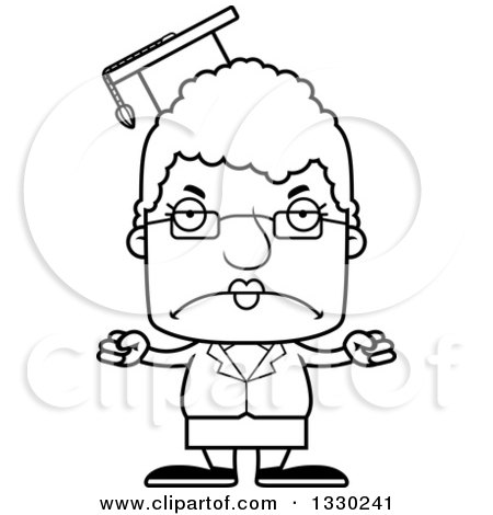 Lineart Clipart of a Cartoon Black and White Mad Block Headed White Senior Woman Professor - Royalty Free Outline Vector Illustration by Cory Thoman