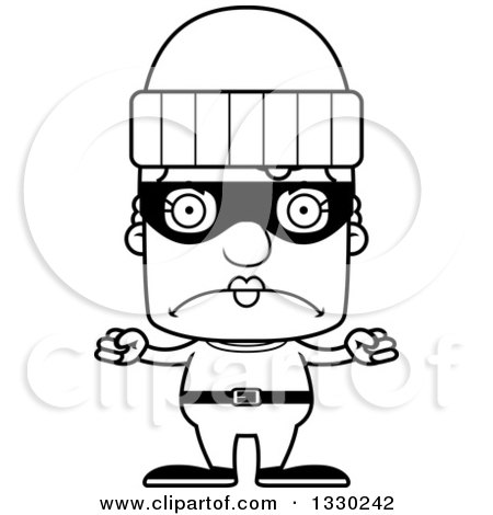 Lineart Clipart of a Cartoon Black and White Mad Block Headed White Senior Woman Robber - Royalty Free Outline Vector Illustration by Cory Thoman