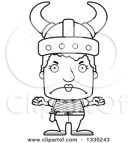 Lineart Clipart of a Cartoon Black and White Mad Block Headed White Viking Senior Woman - Royalty Free Outline Vector Illustration by Cory Thoman