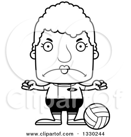 Lineart Clipart of a Cartoon Black and White Mad Block Headed White Senior Woman Volleyball Player - Royalty Free Outline Vector Illustration by Cory Thoman