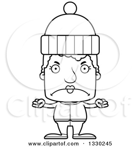 Lineart Clipart of a Cartoon Black and White Mad Block Headed White Senior Woman in Winter Clothes - Royalty Free Outline Vector Illustration by Cory Thoman