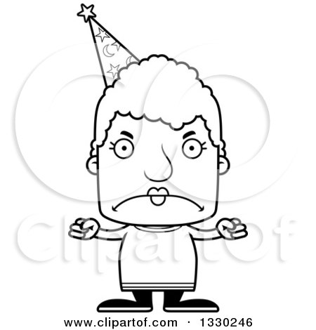 Lineart Clipart of a Cartoon Black and White Mad Block Headed White Senior Woman Wizard - Royalty Free Outline Vector Illustration by Cory Thoman