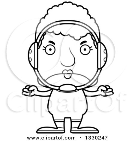 Lineart Clipart of a Cartoon Black and White Mad Block Headed White Senior Woman Wrestler - Royalty Free Outline Vector Illustration by Cory Thoman